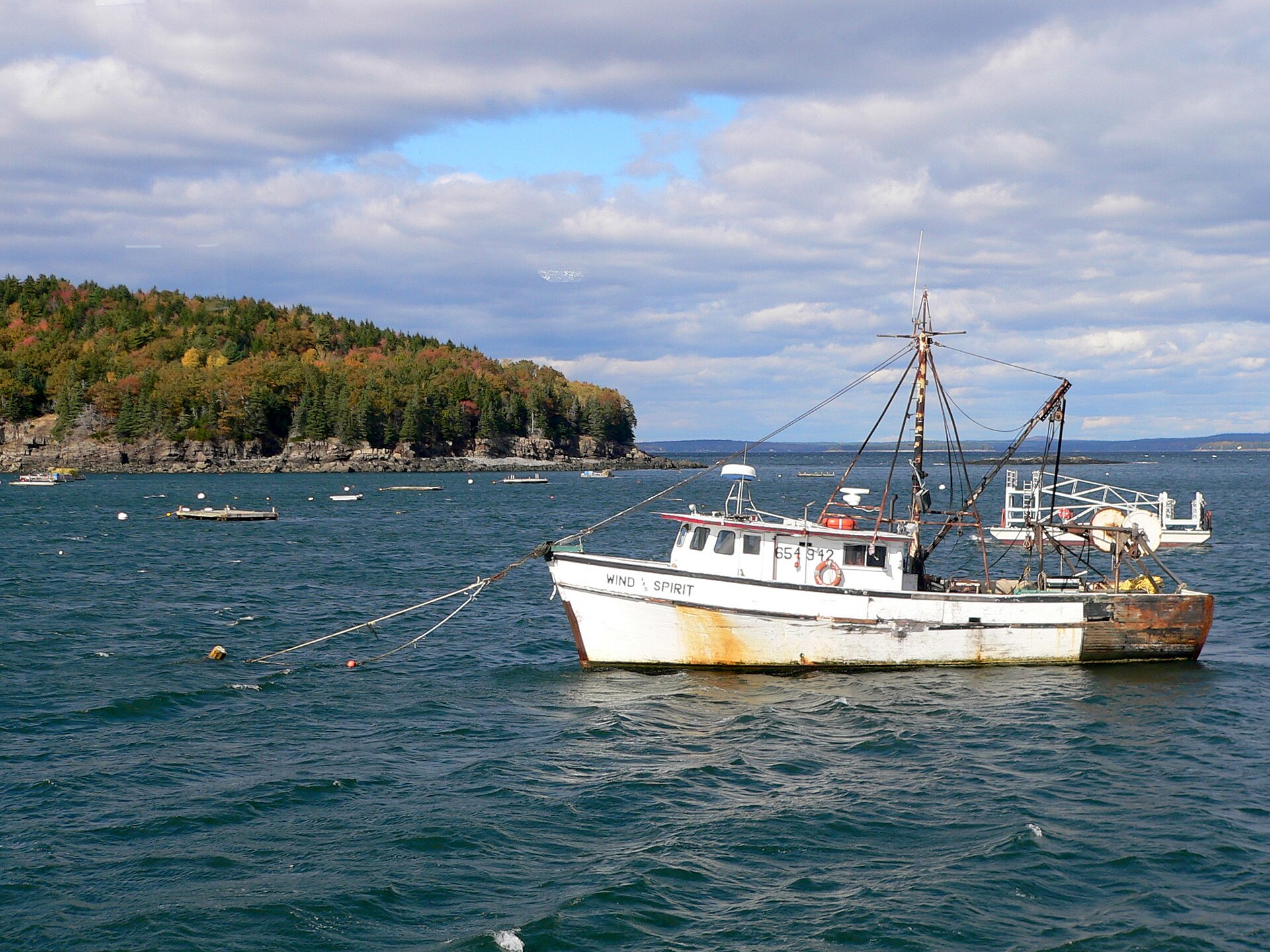 A lobster boat on the water off Bar Harbor, Maine