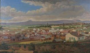 A painted panorama of 19th-century Jacksonville, Oregon, with rooftops and hills in the distance.