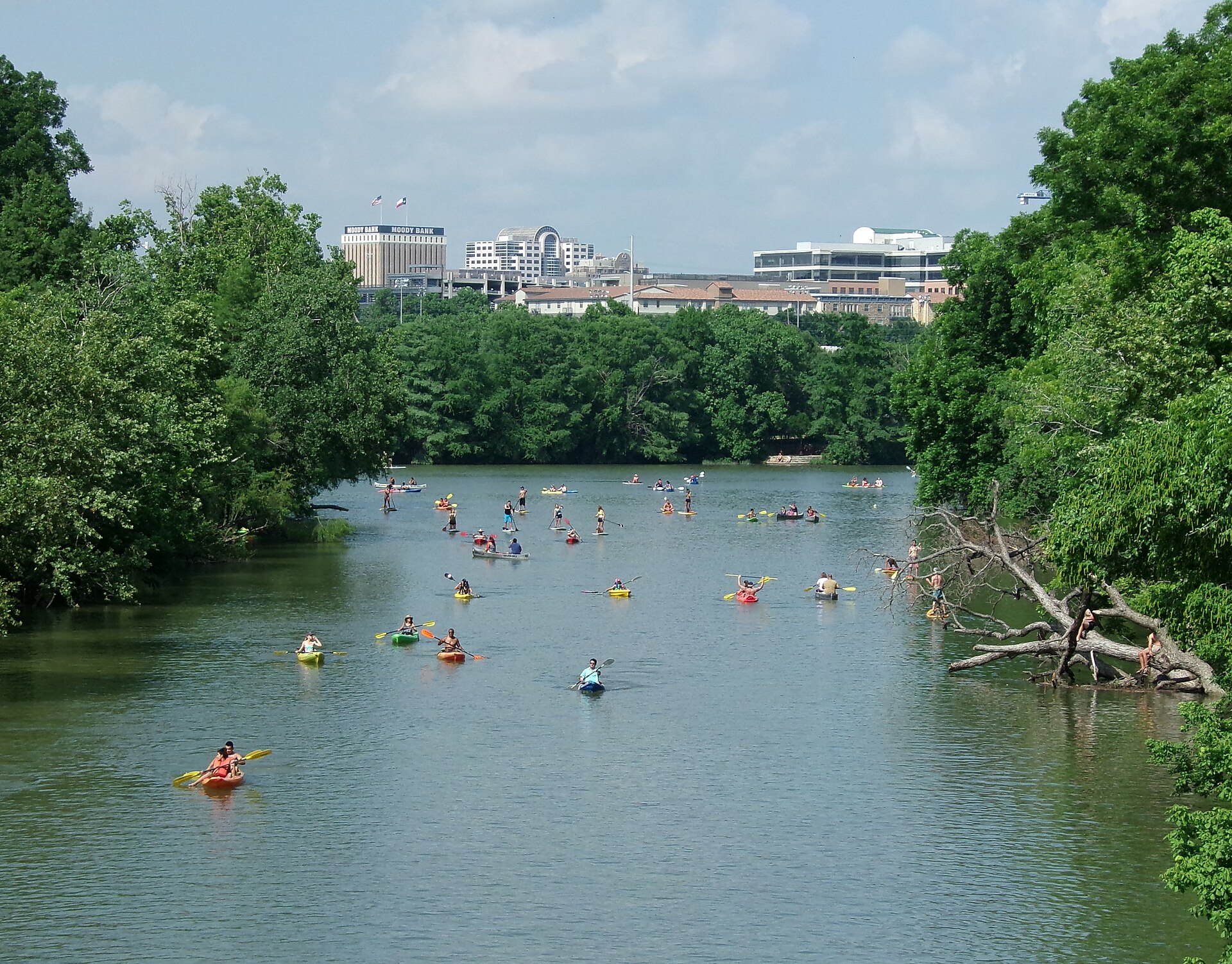 Barton Creek filled with kayakers, looking NE from the Barton Creek Pedestrian Bridge (Austin, TX)
