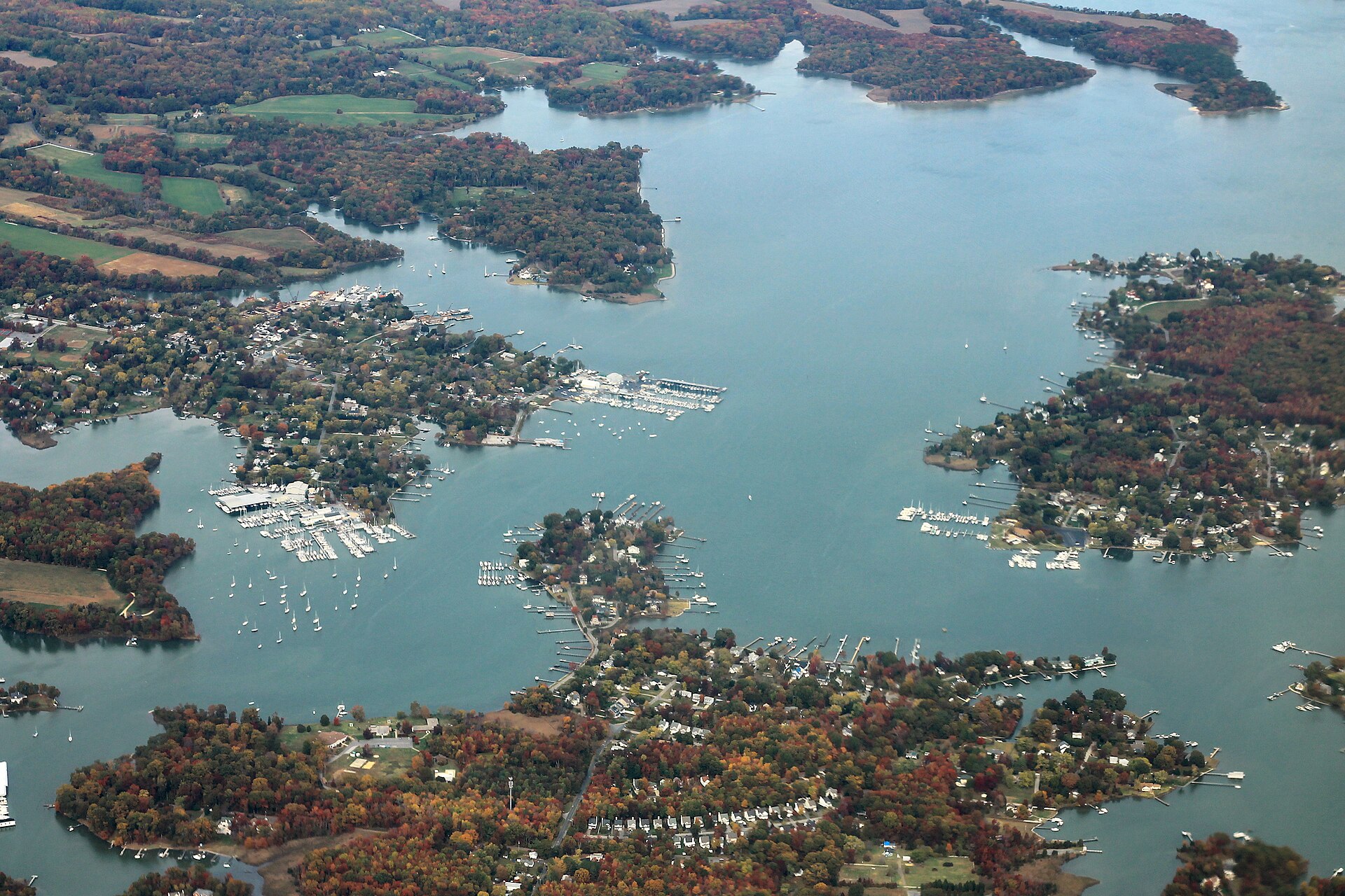 Aerial view of the Galesville waterfront with marinas, docks, and coves along the West River