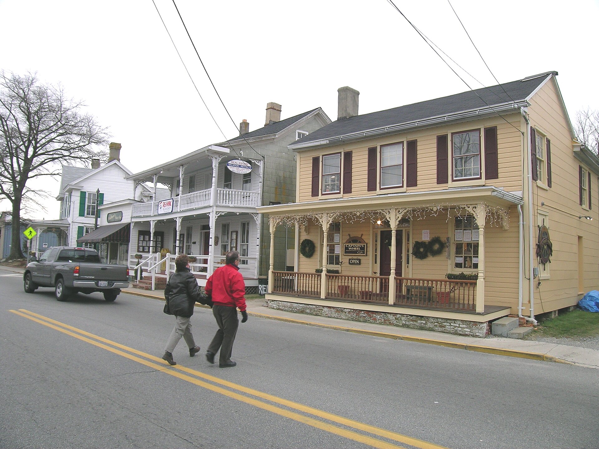 Historic storefronts along Talbot Street in St. Michaels, Maryland