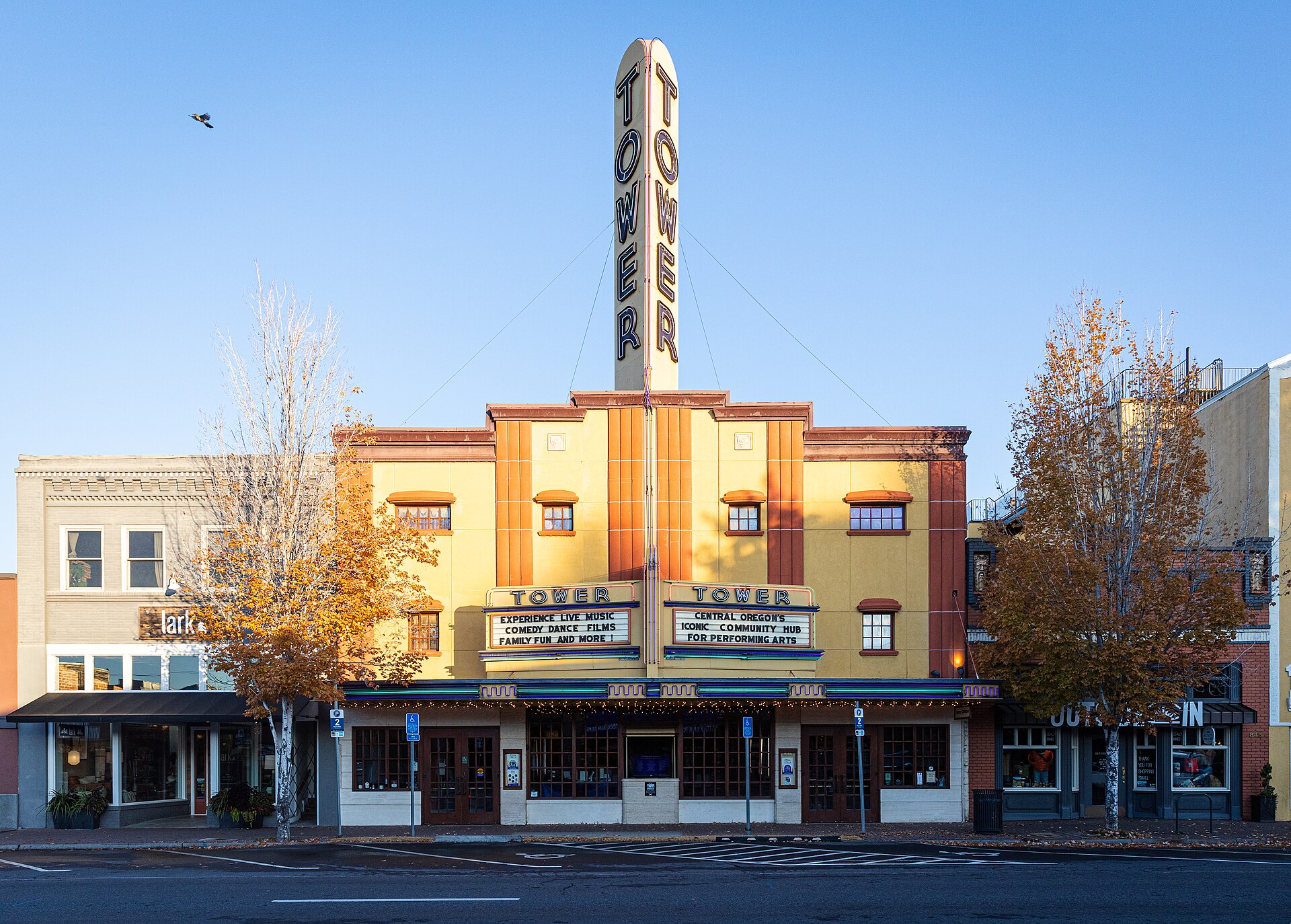 The Tower Theatre marquee on Wall Street in downtown Bend Oregon.
