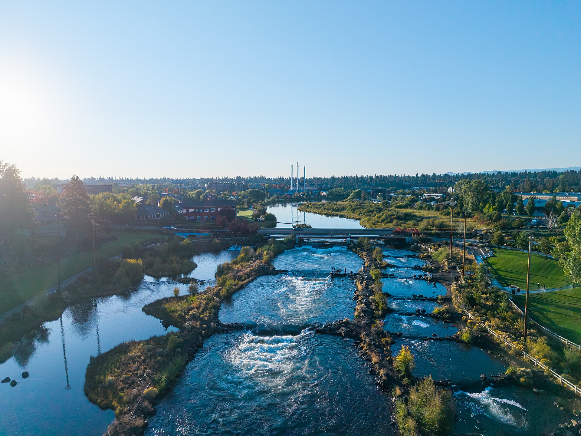 An aerial view of the Deschutes River flowing through Bend Oregon.