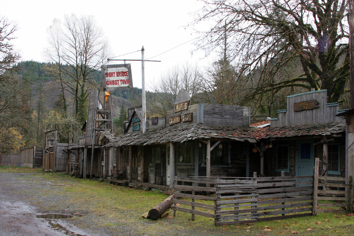 A rustic storefront in Cascadia, Oregon.