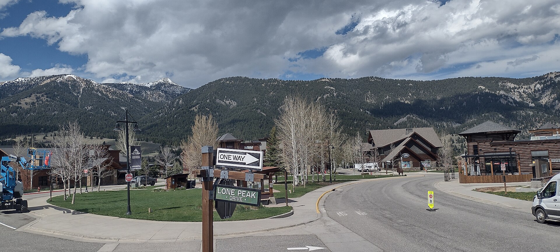 Lone Peak drive in midtown Big Sky, Montana during March