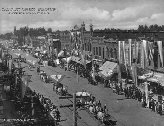 Historic photo of Main Street Bozeman during the Sweet Pea Carnival