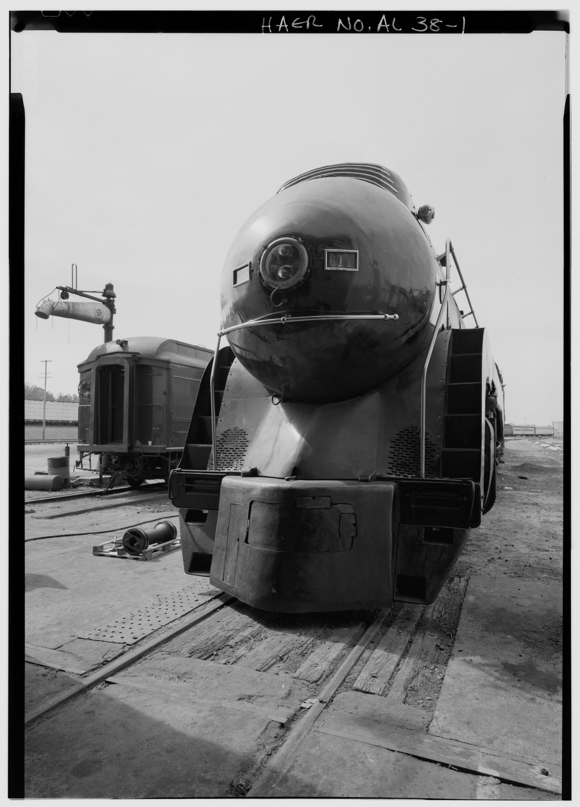 EXTERIOR FRONT VIEW. - Norfolk and Southern Steam Locomotive No. 611, Norris Yards, East of Ruffner Road, Irondale, Jefferson County, AL HAE