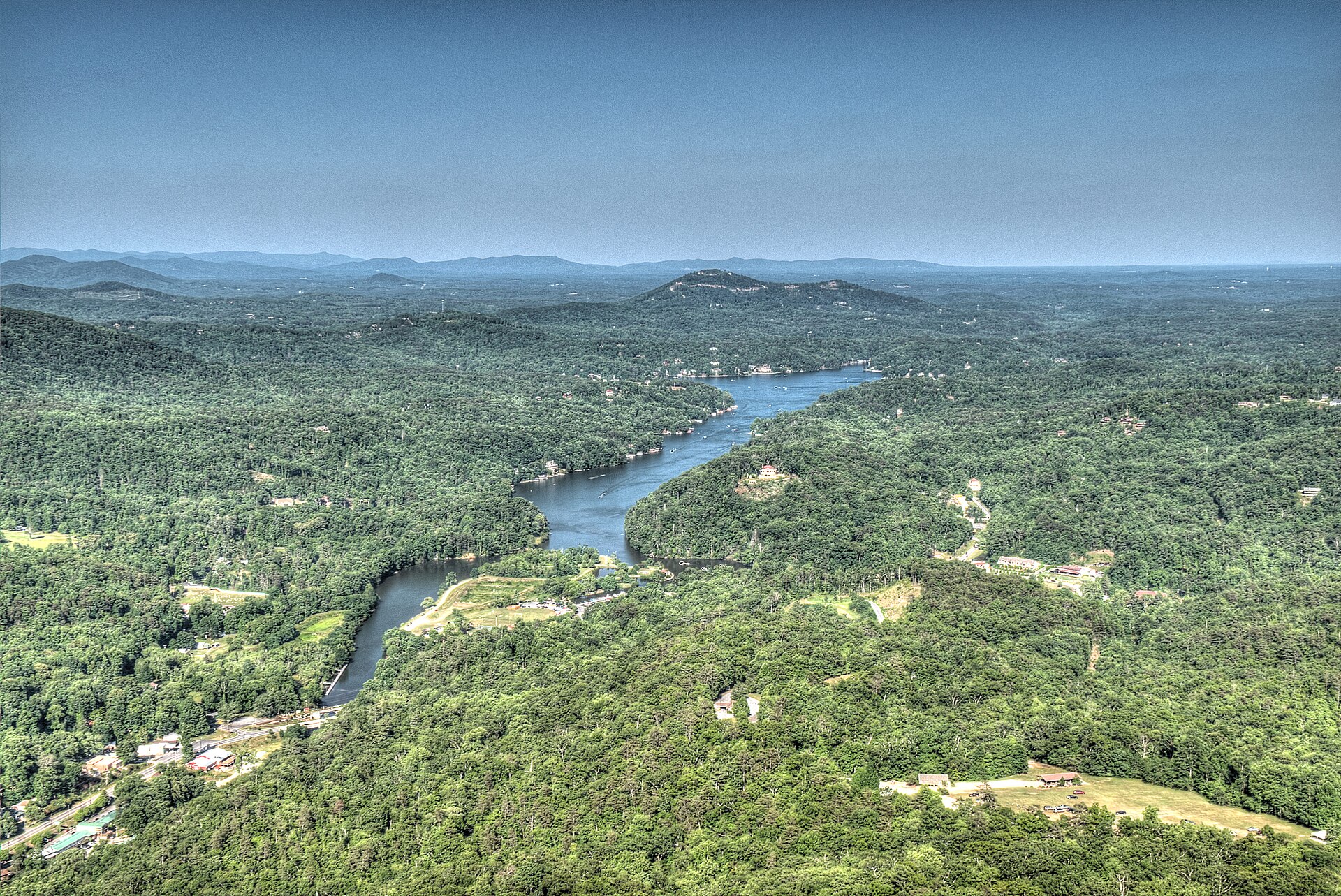 The shoreline of Lake Lure, North Carolina, with mountain views