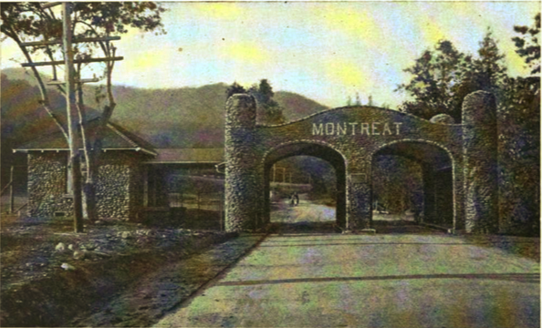 A vintage photograph of a stone entrance gate with Montreat lettering and mountains behind.