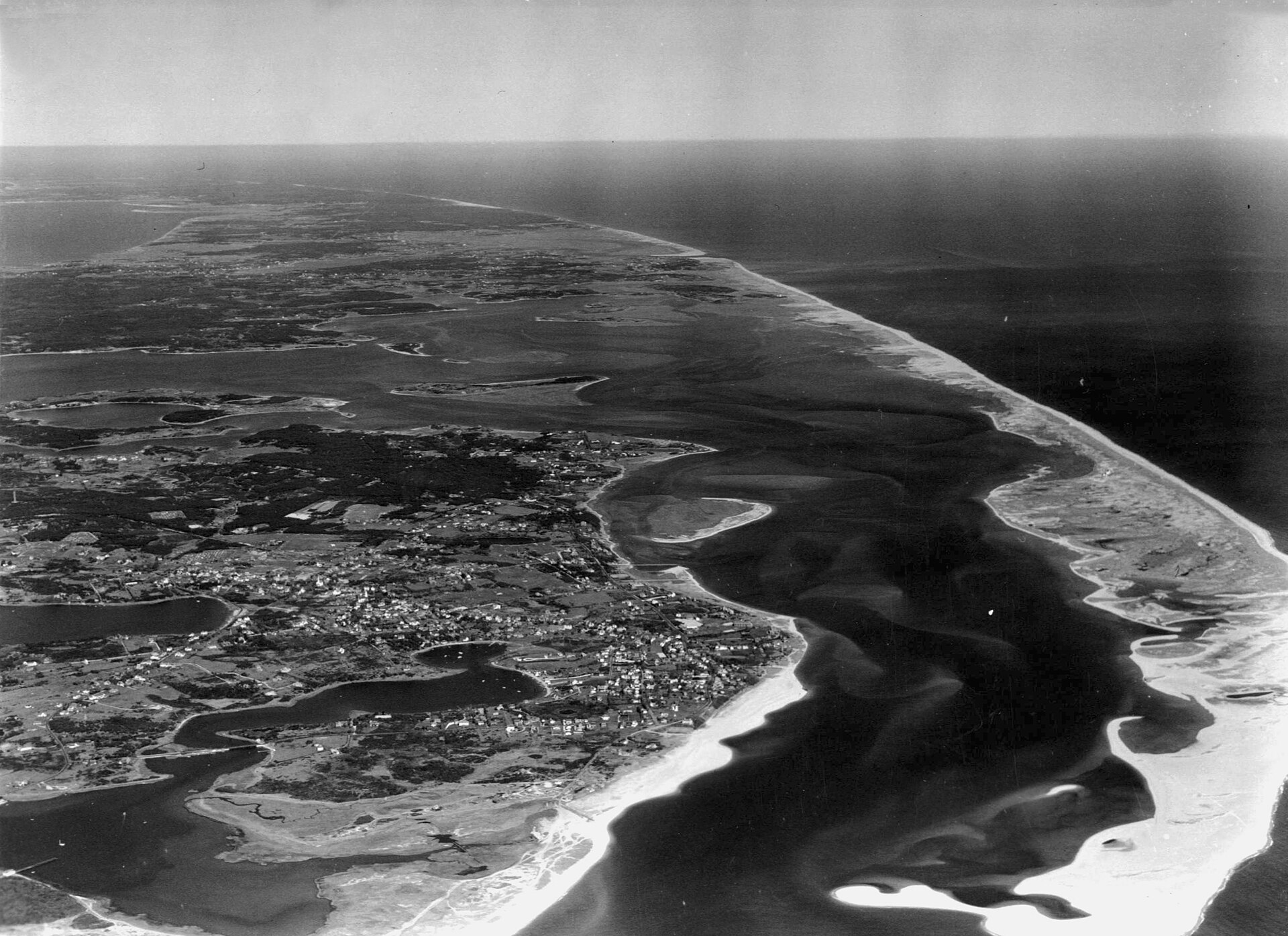 Aerial view over Chatham, Massachusetts (USA), looking North into Pleasant Bay, in 1939.