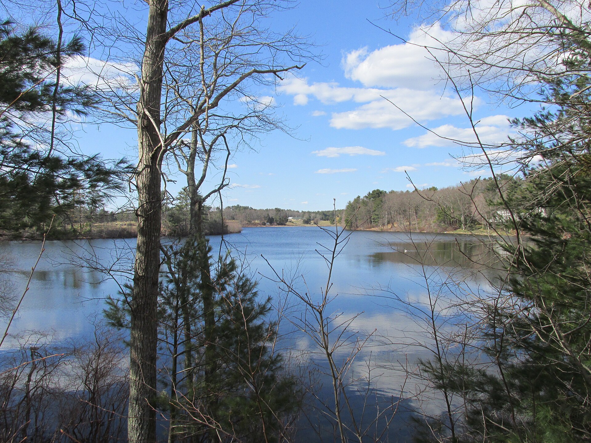 The reservoir in North Lakeville, Massachusetts, surrounded by trees