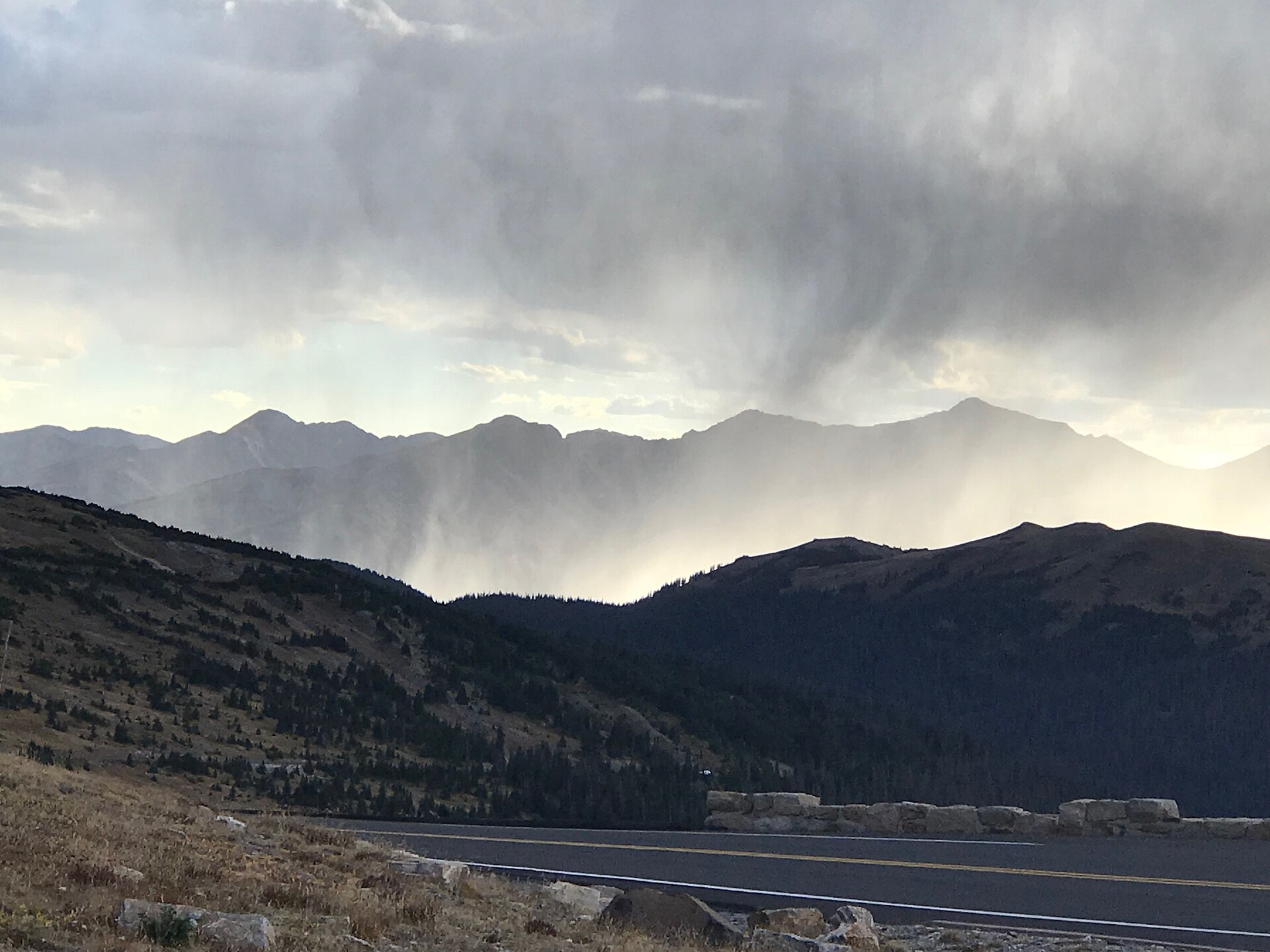 Layered mountain ridges and a distant road seen from Casper Mountain, Wyoming
