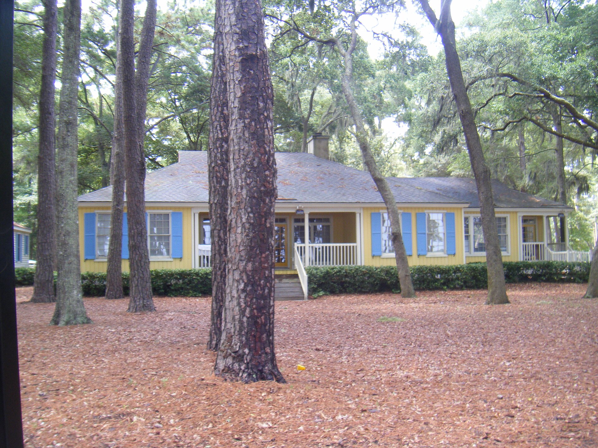 A yellow cottage with blue shutters set among pine trees at Daufuskie Island Resort, South Carolina