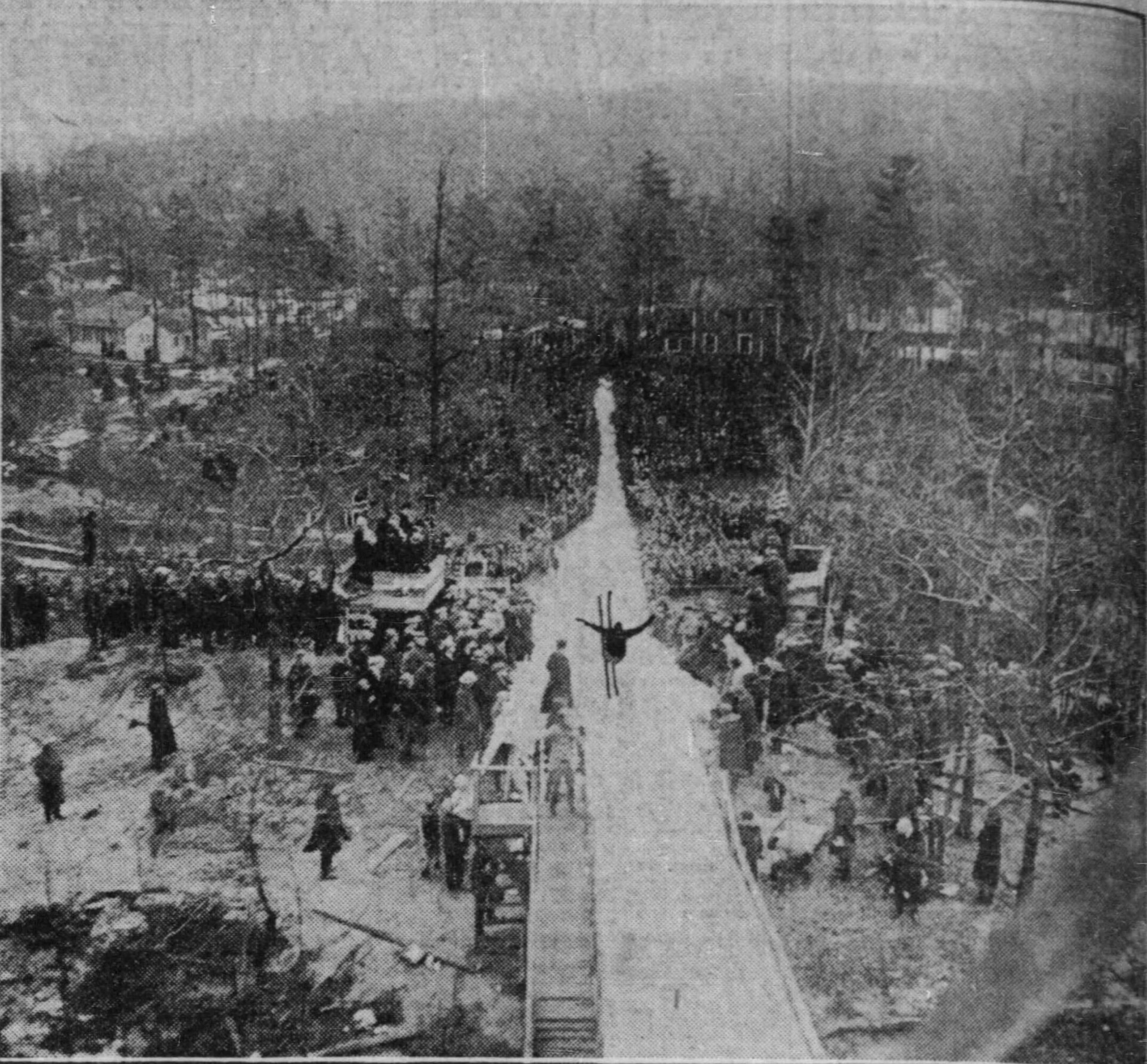 Anders Haugen jump at January 1926 Grand Beach Michigan meet in which he placed 2nd (his best effort was a 110 foot leap). Photo from Chicago Tribune Mon Jan 11 1926 page 40