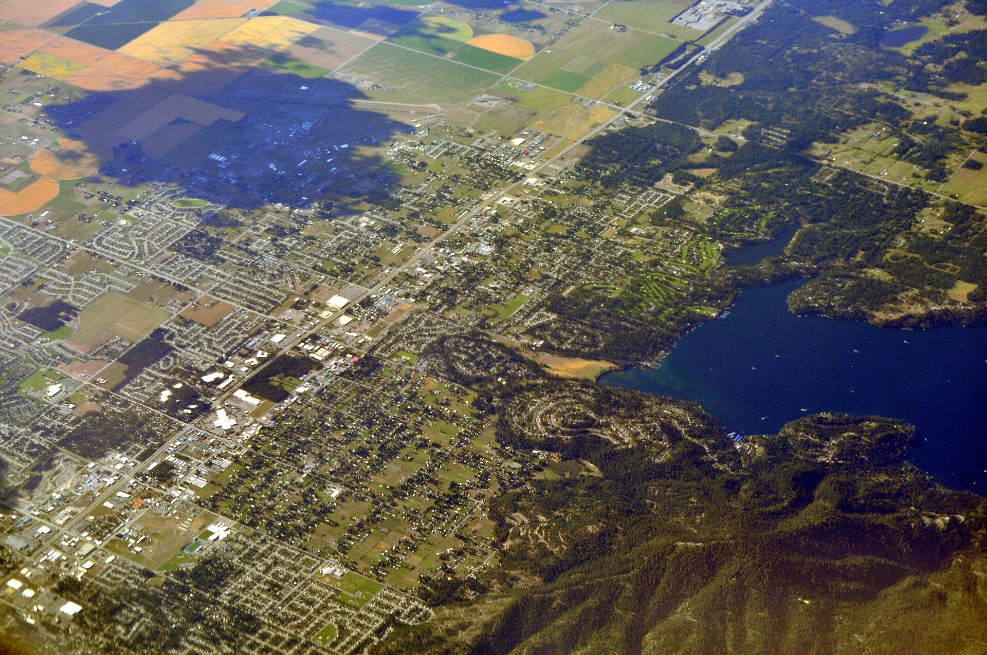 Hazy aerial view of Hayden Lake and the surrounding community of Hayden, Idaho