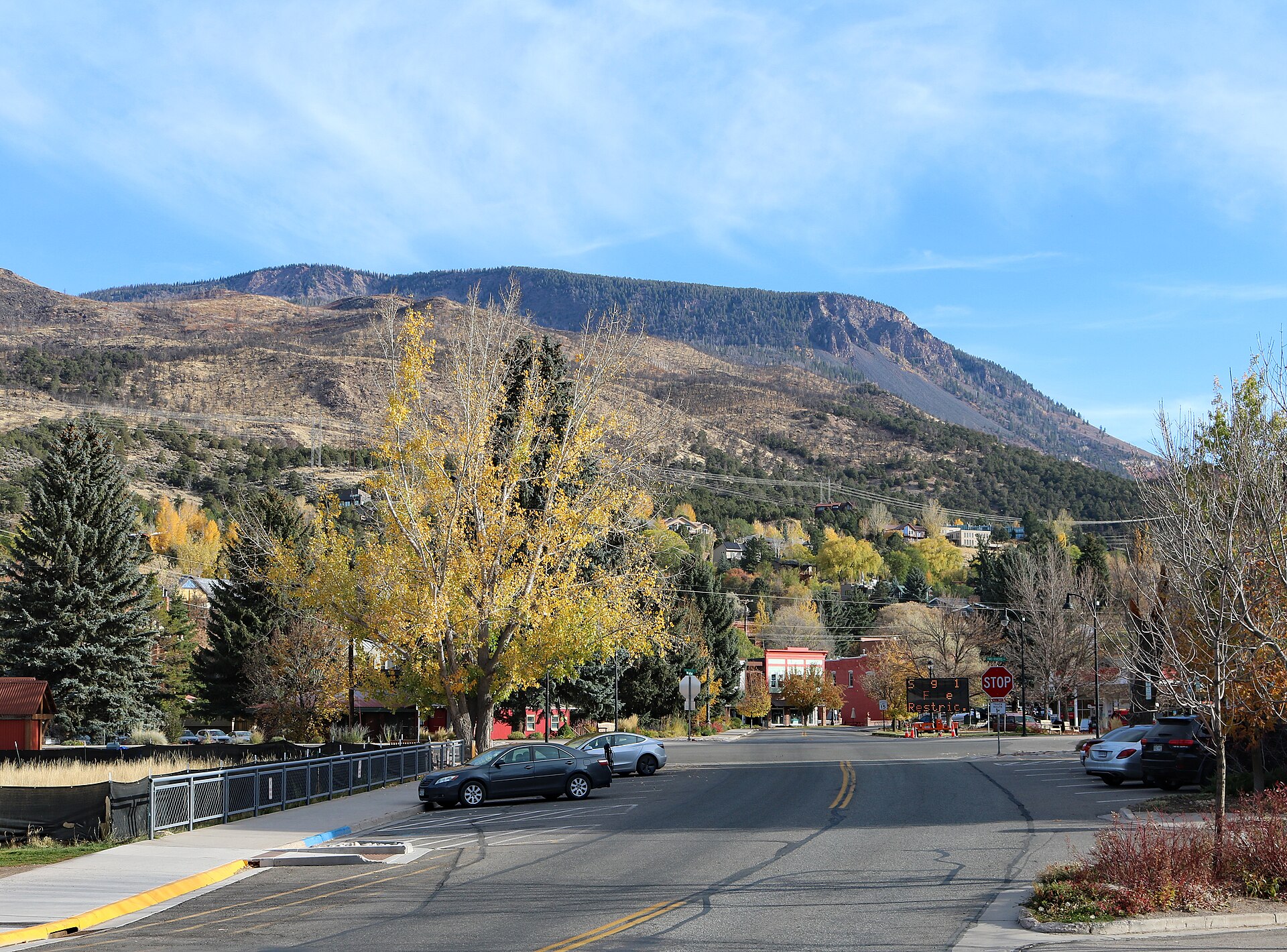 Basalt Mountain, elevation 10,859 feet (3,310 m), overlooking the town of Basalt, Colorado . The street is Midland Avenue.