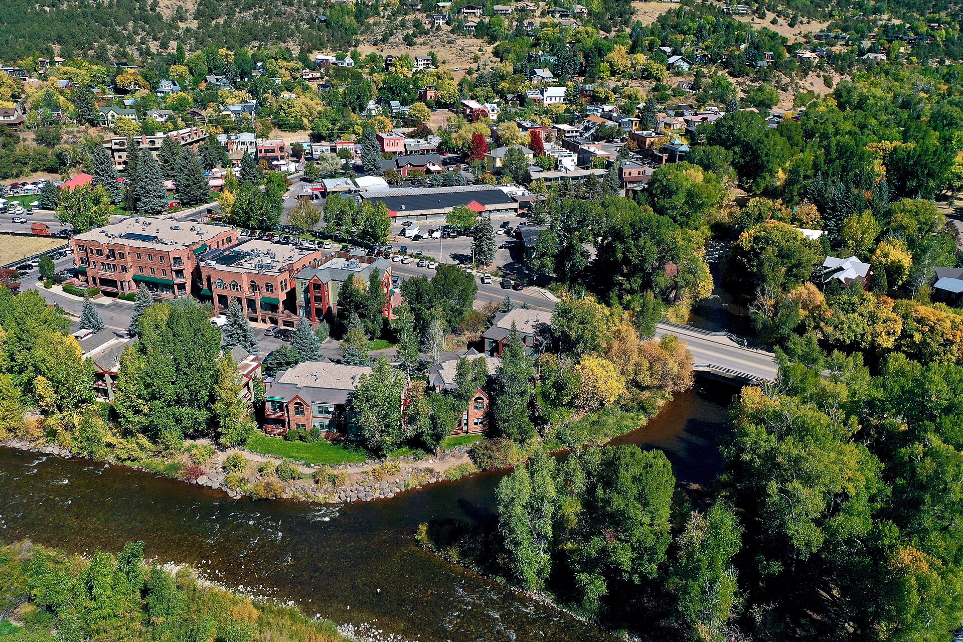 Drone photograph of the confluence of Frying Pan and Roaring Fork Rivers in Basalt, Colorado in the summer. Outdoormen come from around the world to fish these rivers (and the nearby Crystal...