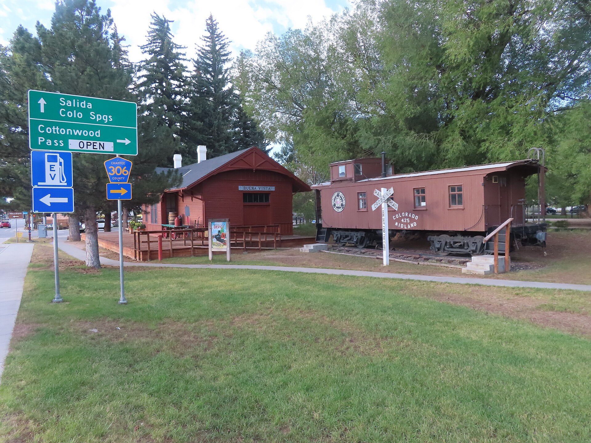 Restored railroad depot and red caboose on the main street in Buena Vista, Colorado