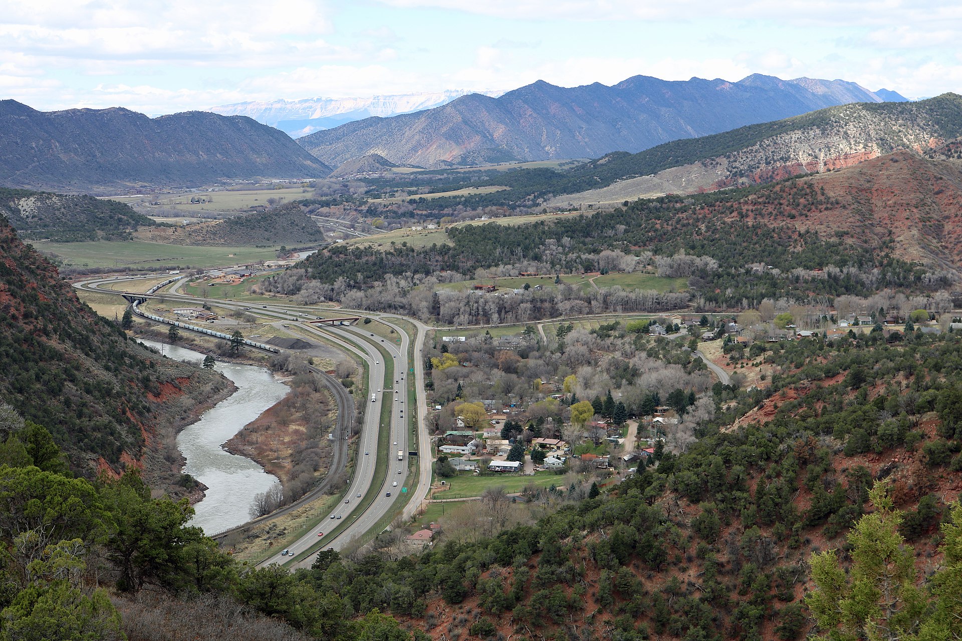 Chacra, Colorado in Garfield County. The picture also shows Interstate-70, the Colorado River, the Grand Hogback, and the Union Pacific rail line.