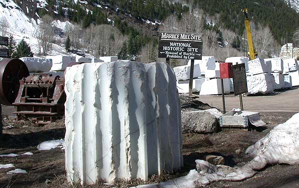 Stacked cut blocks of white marble from the Marble, Colorado quarries.