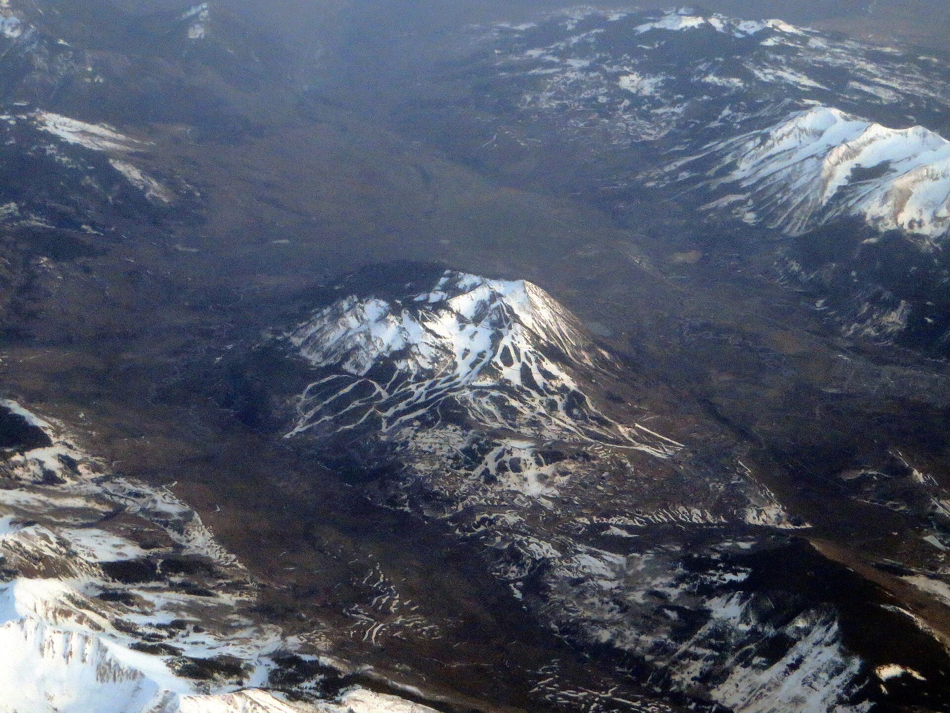 Aerial view of the snow-covered Crested Butte ski mountain, Colorado