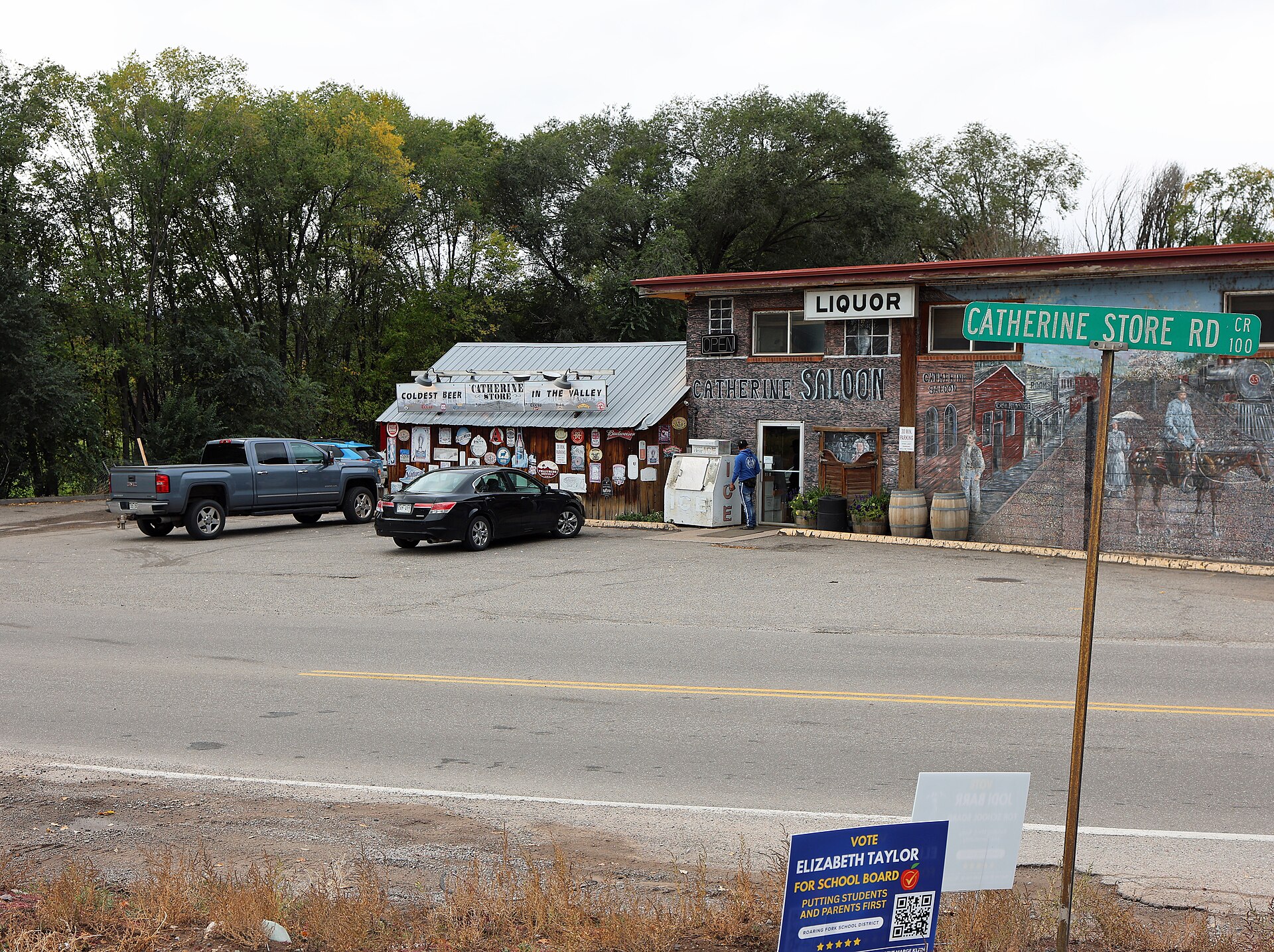 The Catherine Store in Mulford, Colorado (left). Mulford and Catherine are adjacent census-designated areas, and the border between them is Catherine Store Road (also called Garfield County Road...
