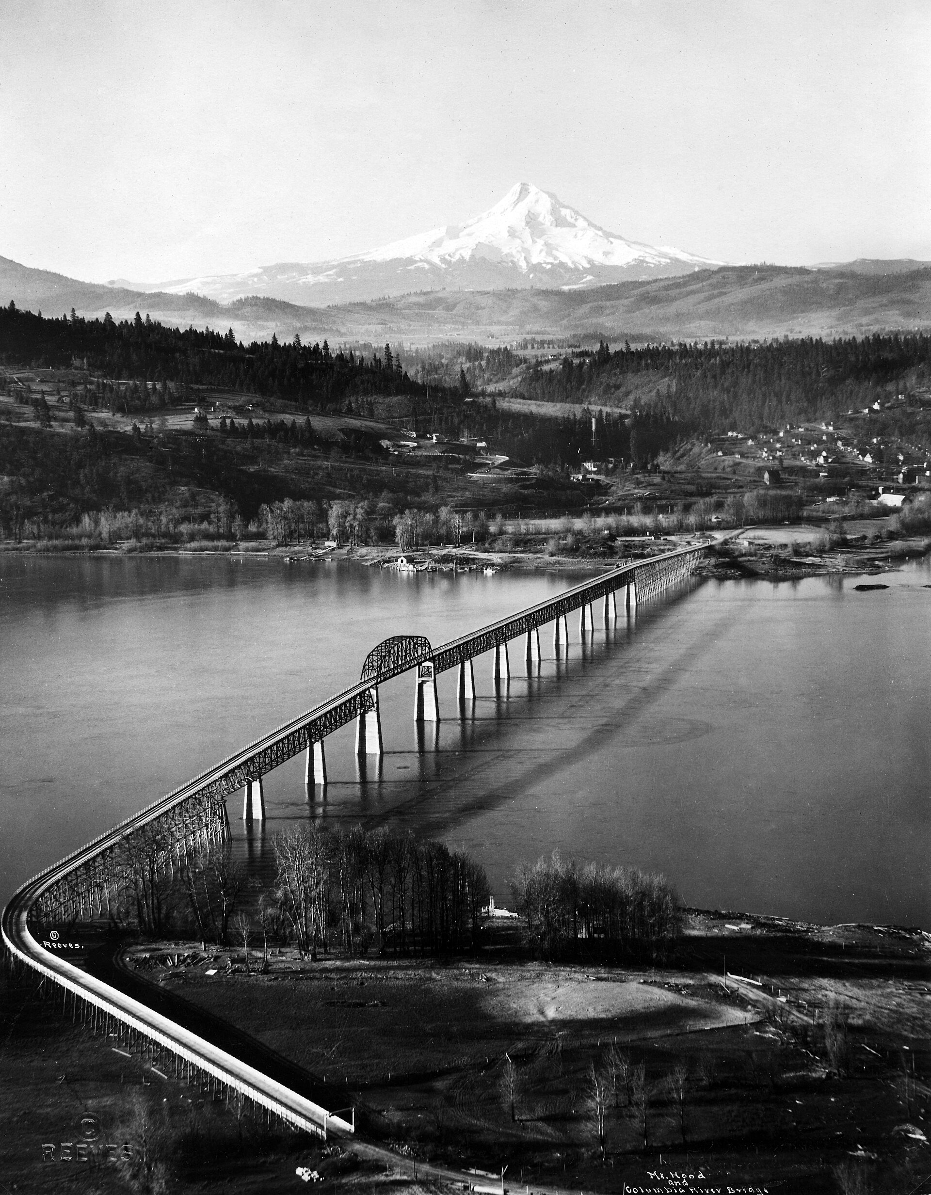 The historic Columbia River Bridge at White Salmon, Washington, with Mount Hood beyond