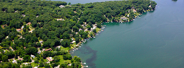 Aerial view of Candlewood Lake, Connecticut, with lakeside homes
