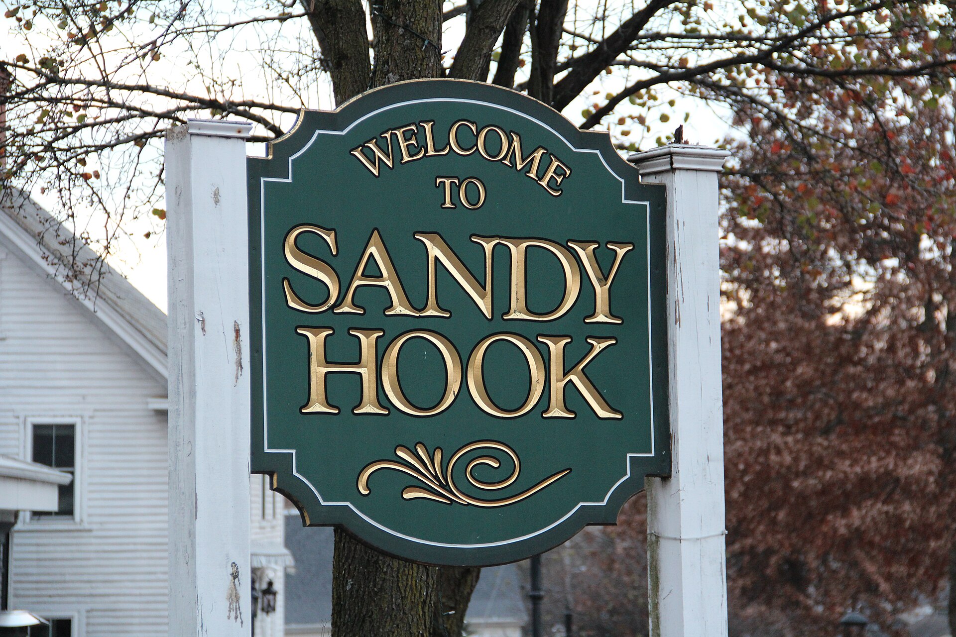The welcome sign in Sandy Hook, a village in Newtown.