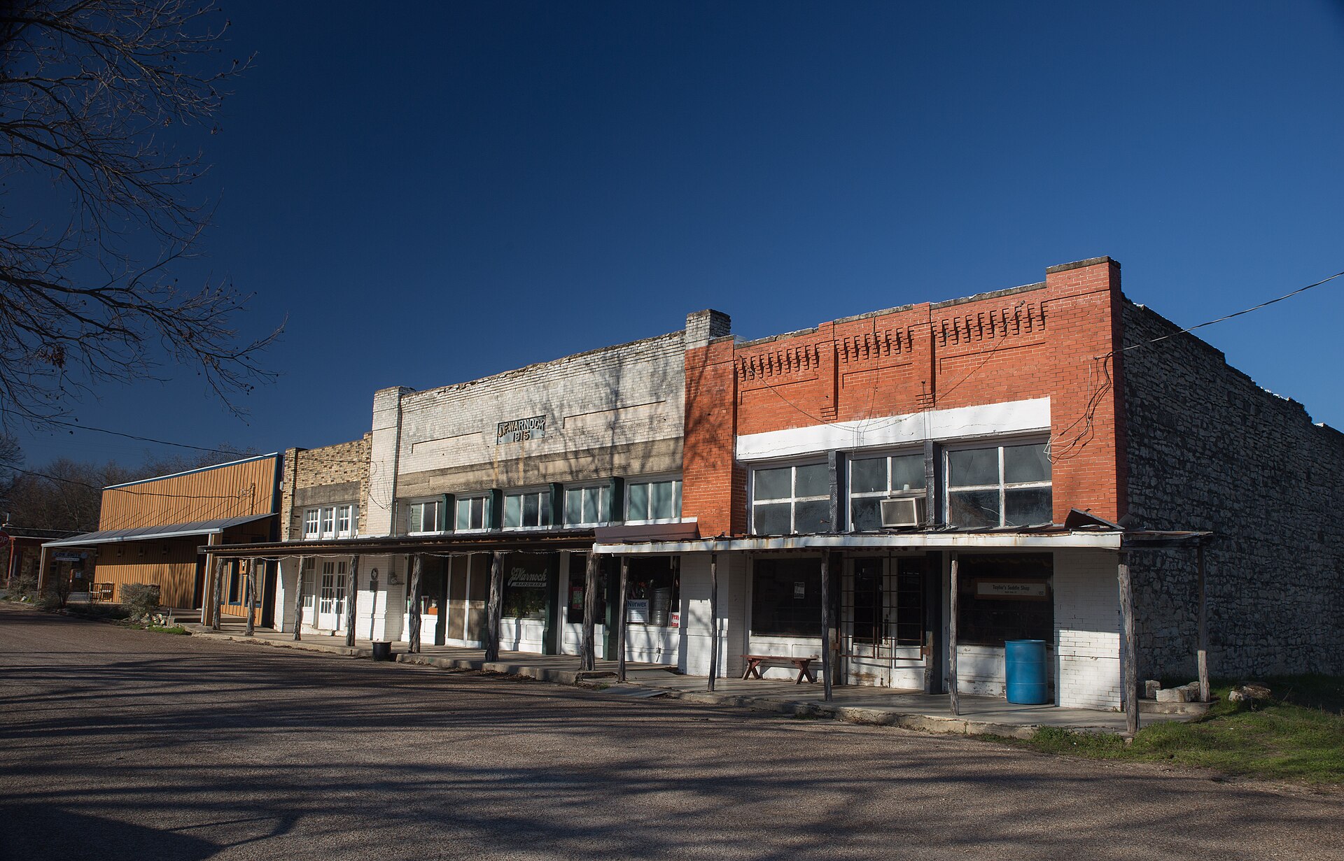 Historic storefronts along the main street in Bluff Dale, Texas