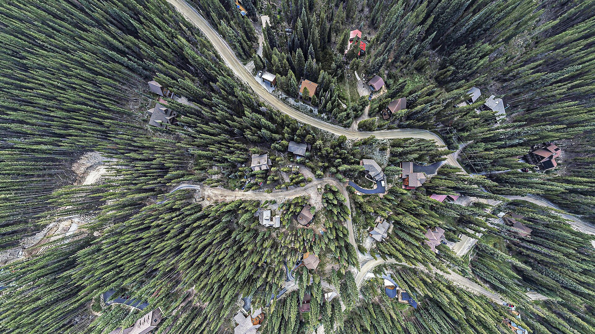 This image was cropped from an equirectangular projection of 34 drone images stitched with PTGui. The location is Blue River Colorado, USA and was taken in late August 2021