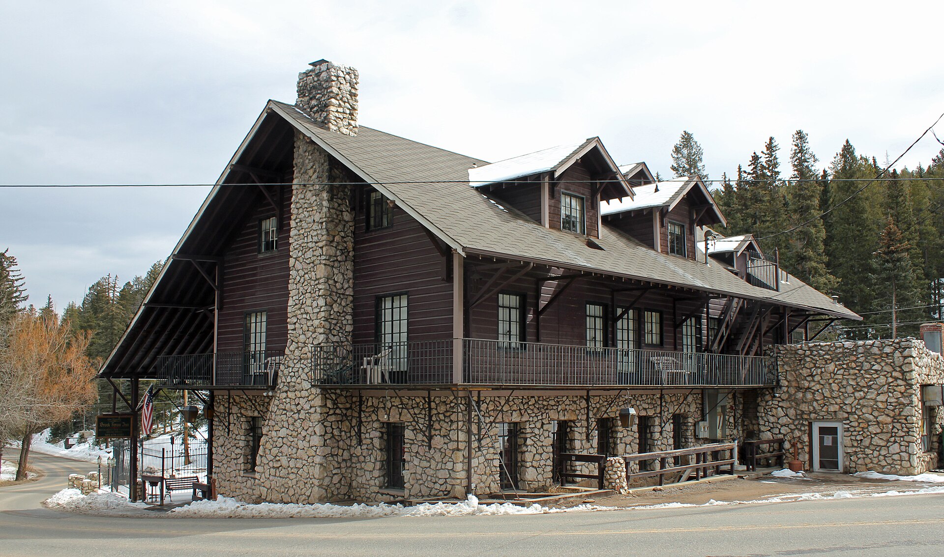 The Brook Forest Inn, a historic lodge-style building in Evergreen, Colorado.