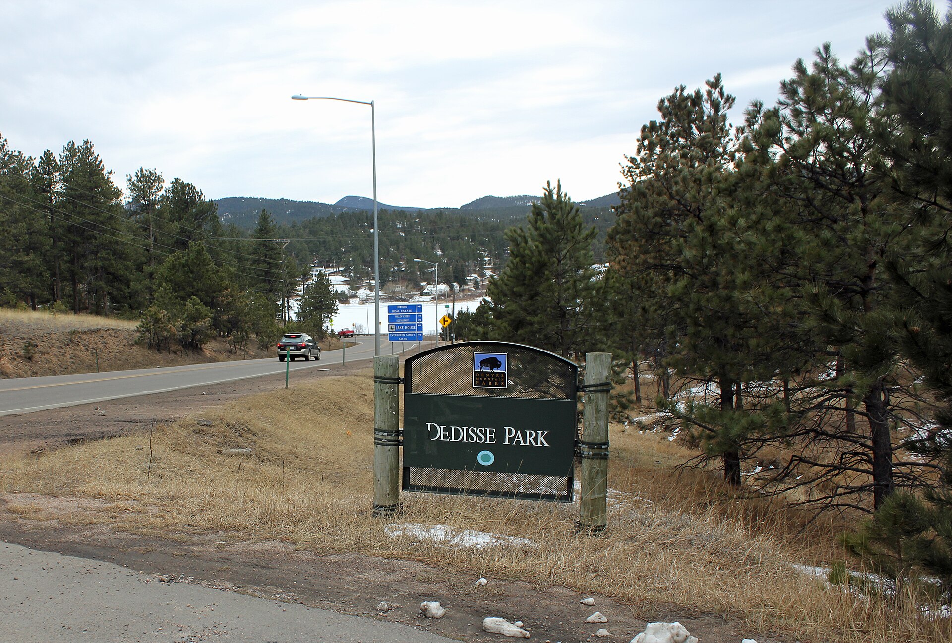 A grassy meadow with pine trees at Dedisse Park near Brook Forest, Colorado.
