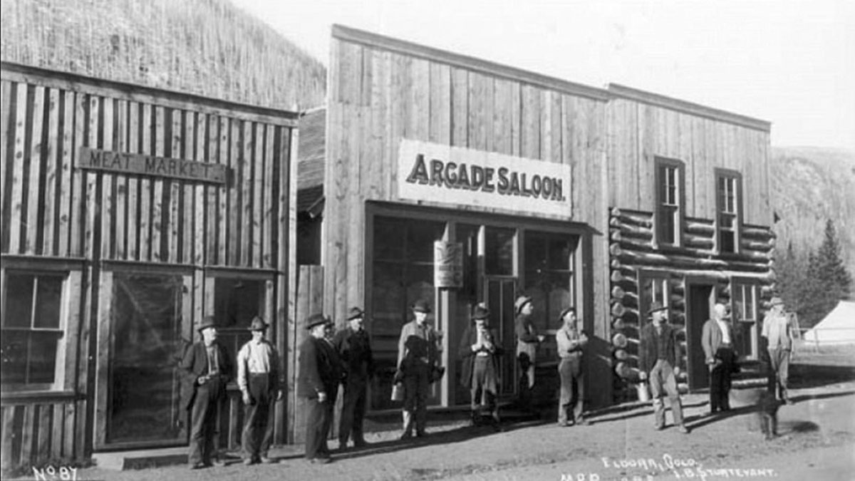 A historic 1898 photo of the Arcade Saloon in Eldora, Colorado.