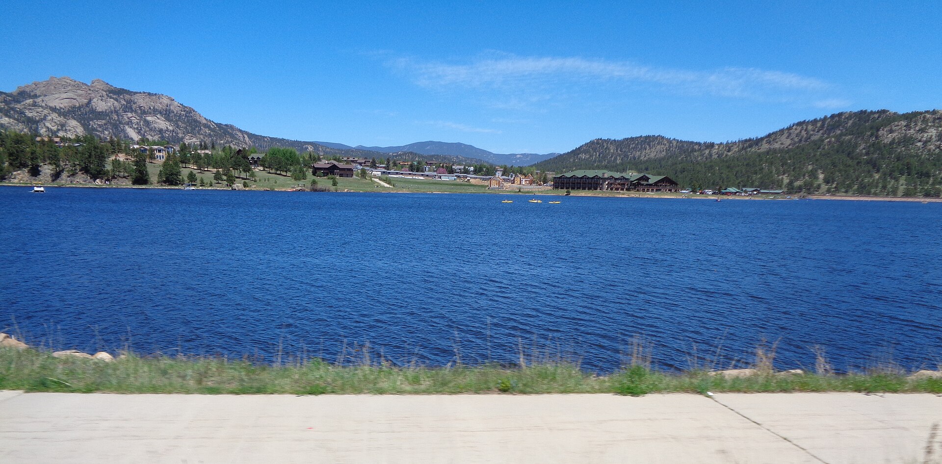Estes Lake with the town and forested peaks beyond