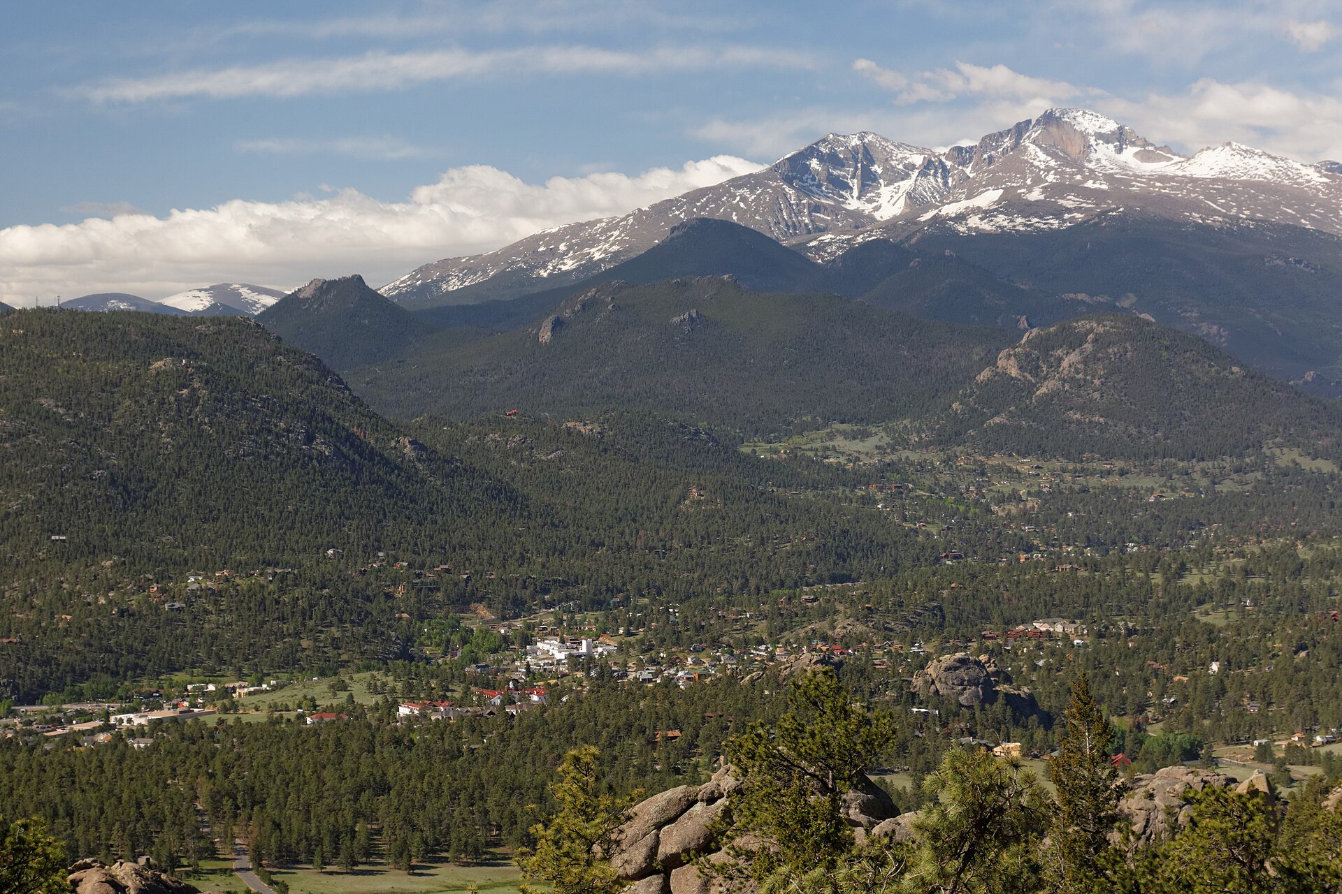 Panoramic view over Estes Park toward snow-capped Longs Peak