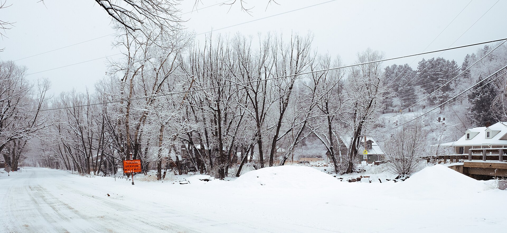 A snowy street in the mountain town of Jamestown, Colorado
