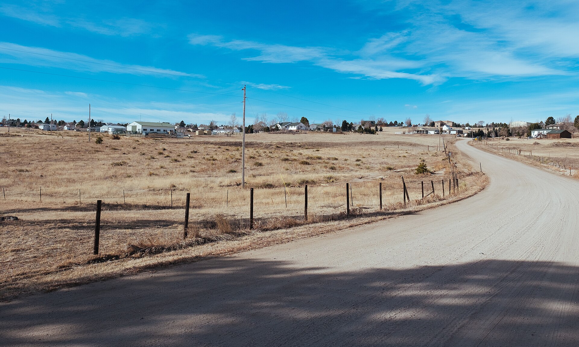 Dirt road and ranch homes in Ponderosa Park, Colorado