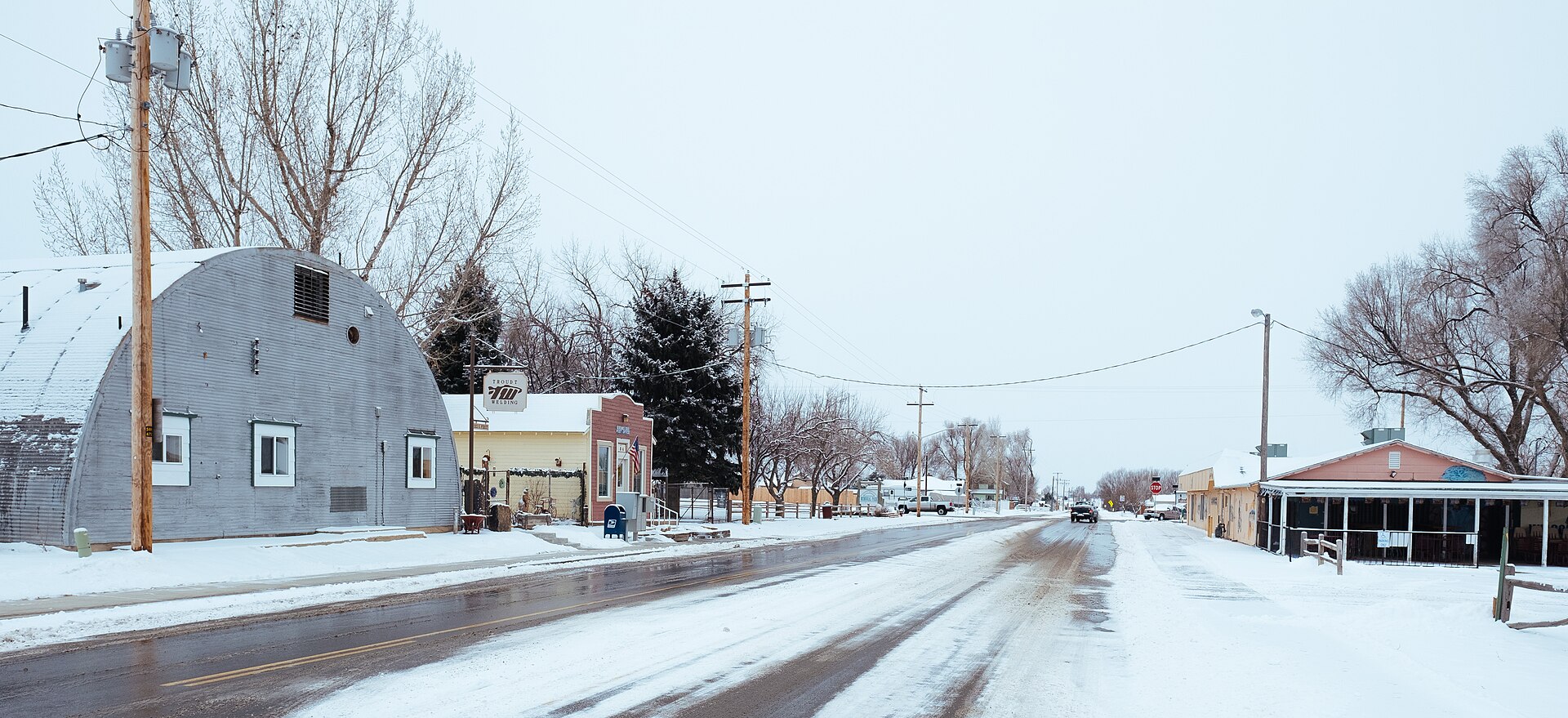 Snow-covered 1st Street in Severance, Colorado