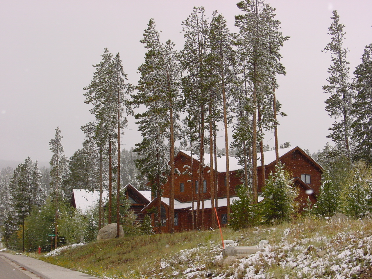 A lodge-style residential building among pine trees in Silverthorne Colorado.