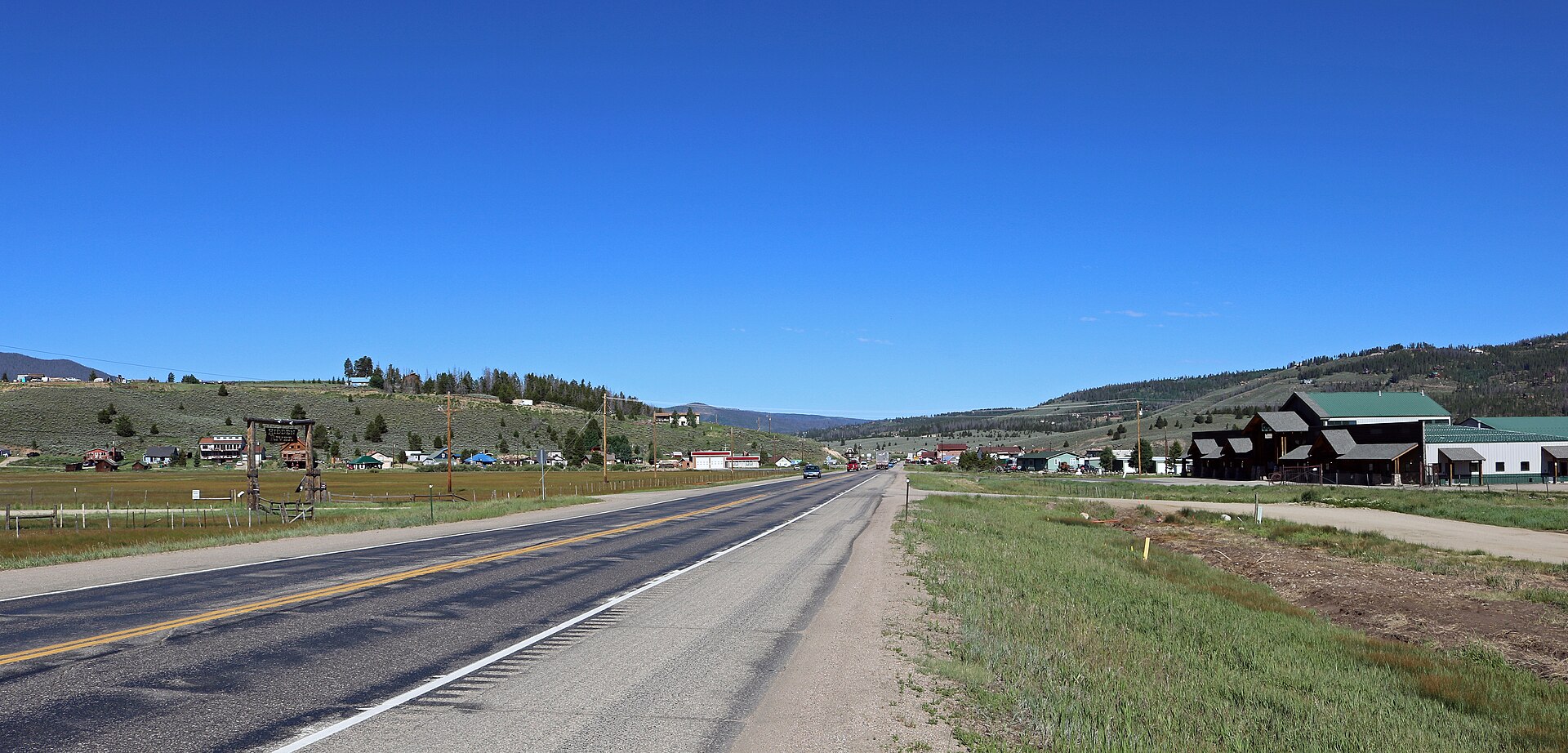 A view of Tabernash, Colorado, in Grand County. The highway is U.S. Route 40.