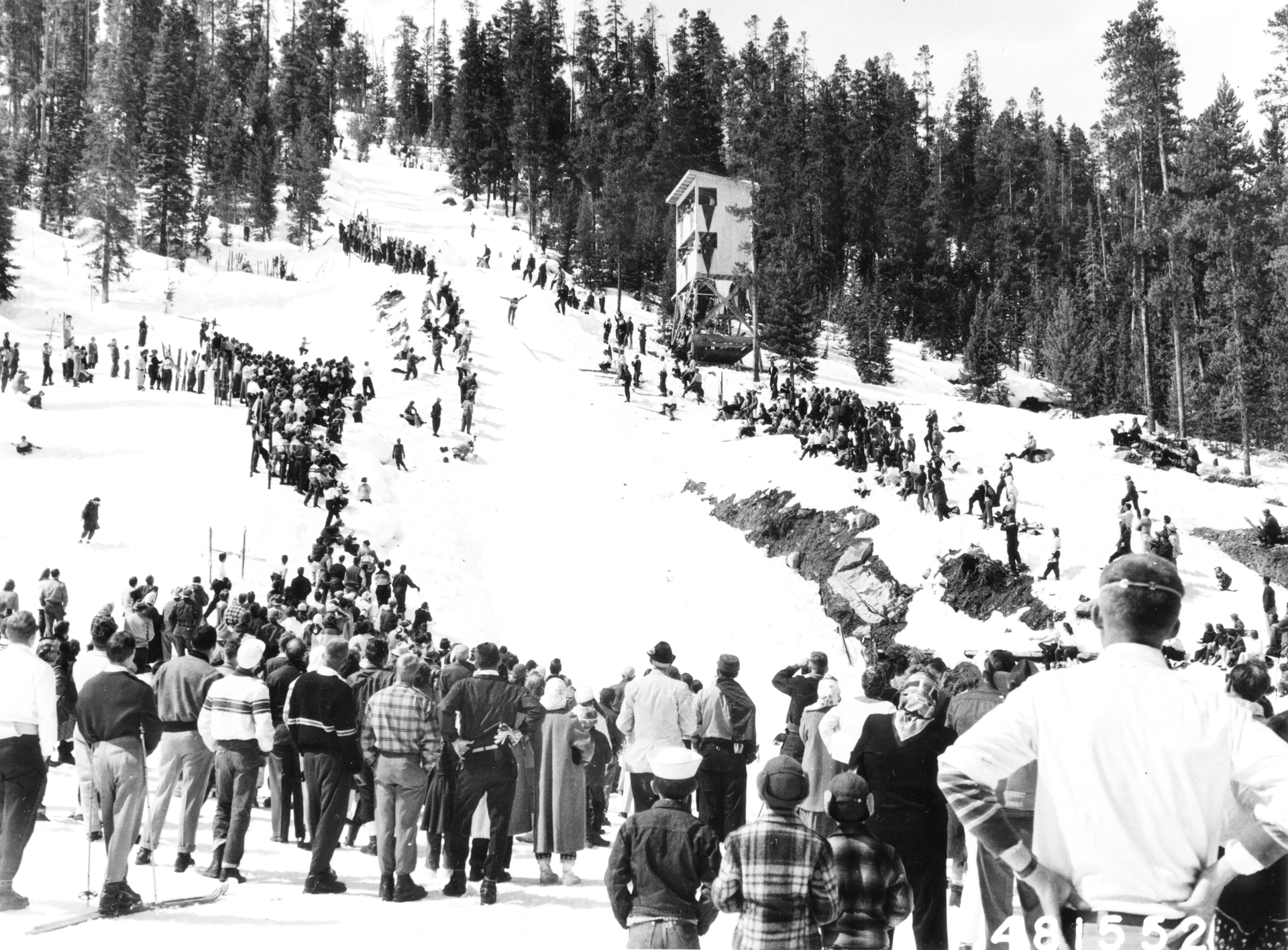 A vintage Forest Service photo of a ski jump near Winter Park, Colorado.