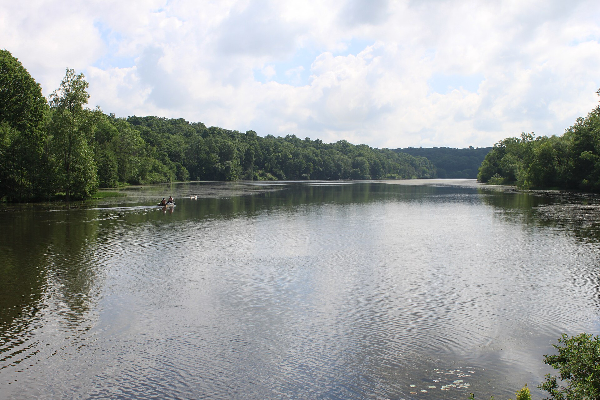 A calm wide pond surrounded by dense green summer trees under a partly cloudy sky, with a small boat on the water.