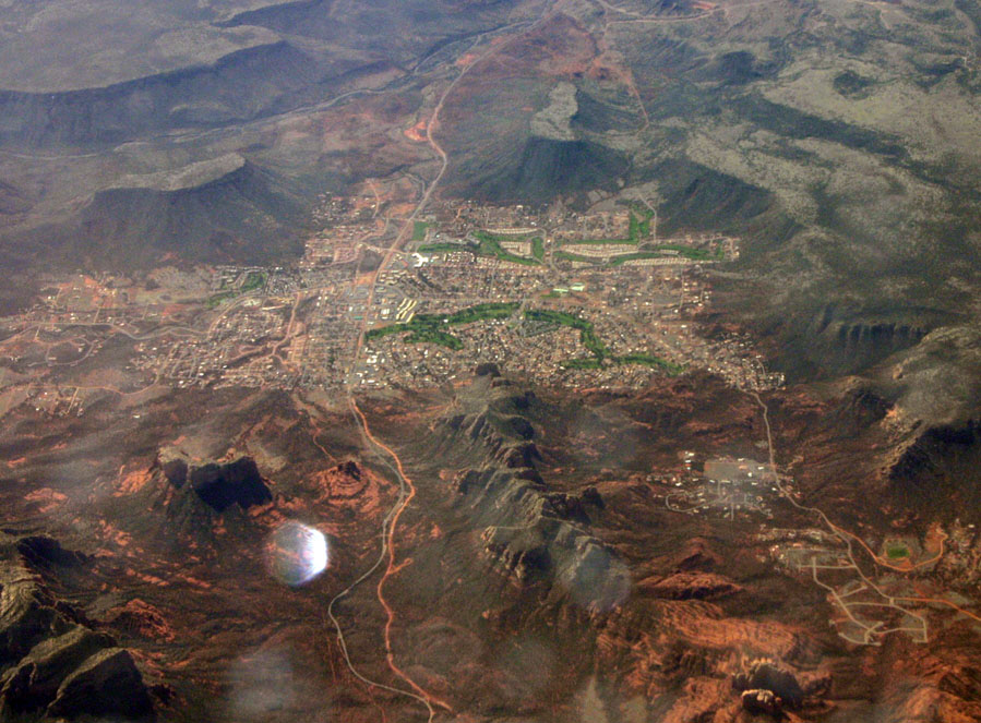 Aerial photo of the Village of Oak Creek surrounded by red-rock formations.