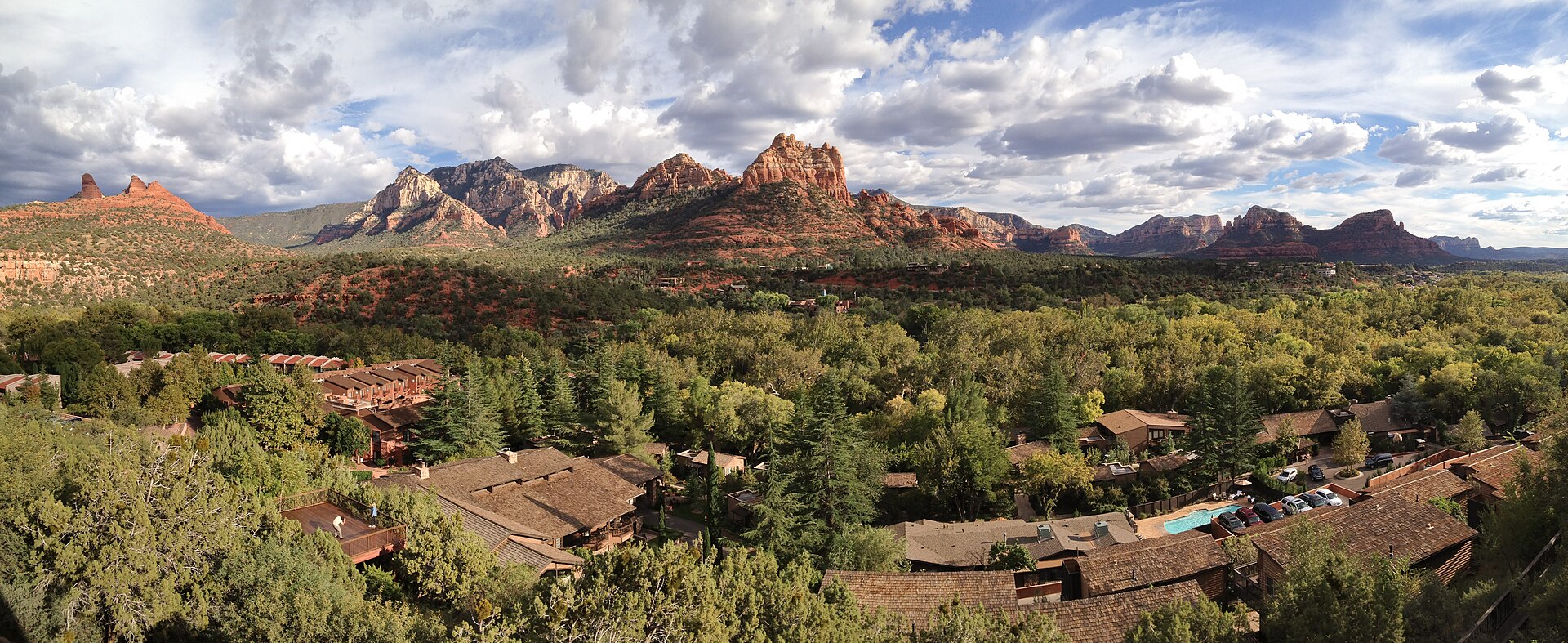 Panoramic view of Sedona, Arizona's red rock formations and desert landscape
