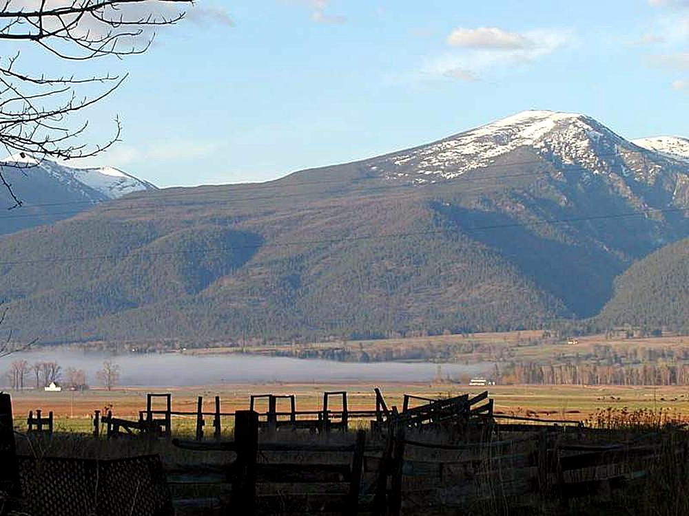 A fenced pasture with low mist and layered forested mountains rising behind under a clear sky.