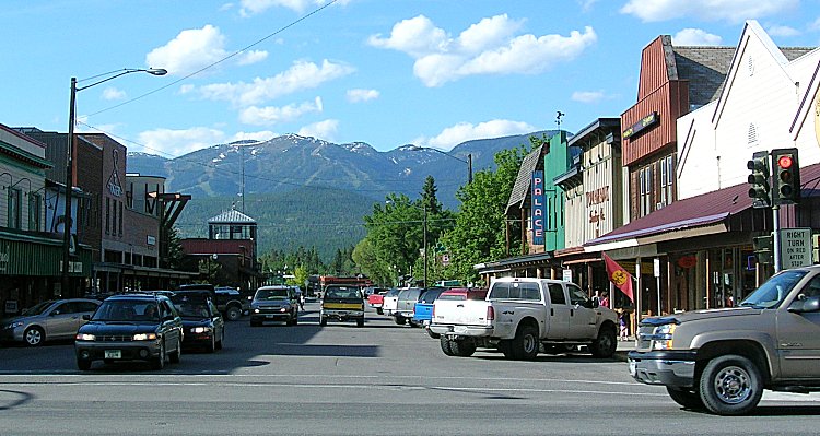Downtown Whitefish main street with the Whitefish Range behind