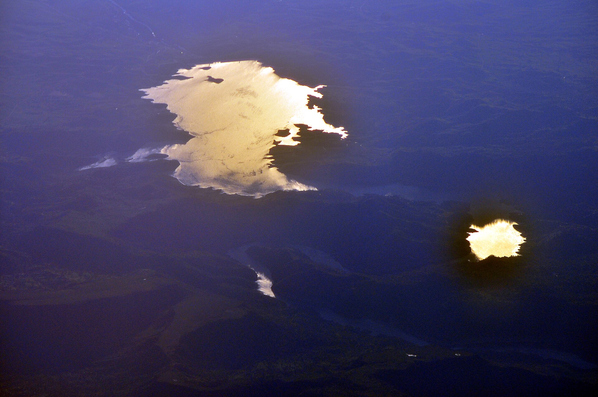 Aerial view of Millerton Lake at sunset with the Sierra foothills, Fresno County, California