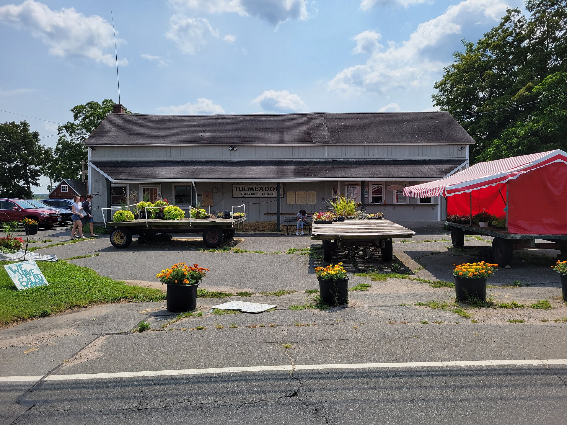 The Tulmeadow Farm Store building with plant wagons and flower pots outside