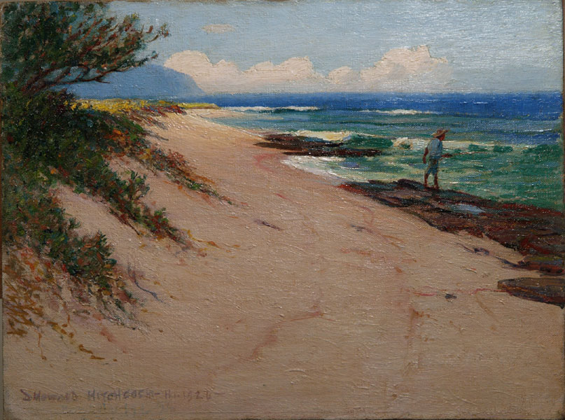 An oil painting of a sandy beach with turquoise surf, a lone figure on dark rocks, and distant headlands.